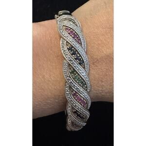 Sterling Creations 925 Silver Hinged Bangle Bracelet Rubies Emeralds Sapphires